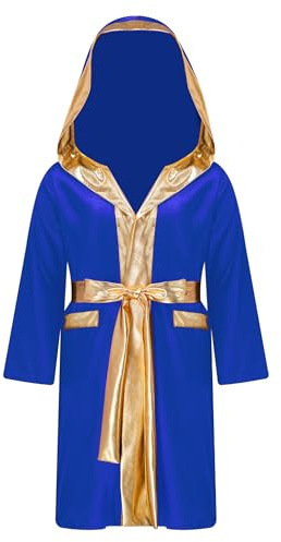 HULIJA Bata de boxeo para niño, uniforme de manga larga, kickboxing, chaqueta mixta de artes marciales Muay Thai, abrigo de entrenamiento con capucha + cinturón de entrenamiento deportivo, azul