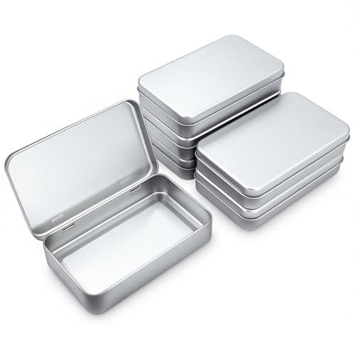 Thintinick 6 Pieces Rectangular Metal Empty Hinged Tins Containers Basic Necessities Home Storage Organizer Mini Box Set, 5.9 x 3.5 x 1.2 inches (Silver)