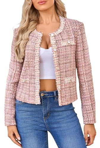 Csvinkiko Women's Tweed Blazers Cropped Long Sleeve Crewneck Open Front Lace Trim Lightweight Plaid Work Business Jackets(Pink-L)