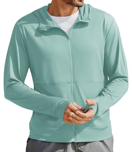 PINSPARK Men's UPF 50+ Full Zip Up Sun Protection Hoodie Jacket Long Sleeve Lightweight UV Shirts for Men Hiking Fishing Ice Green