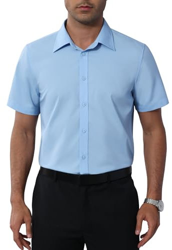 siliteelon Men's Short Sleeve Blue Dress Shirts Stain Shield Stretch Non Iron Business Casual Button Down Shirts Regular Fit Shirt for Adult