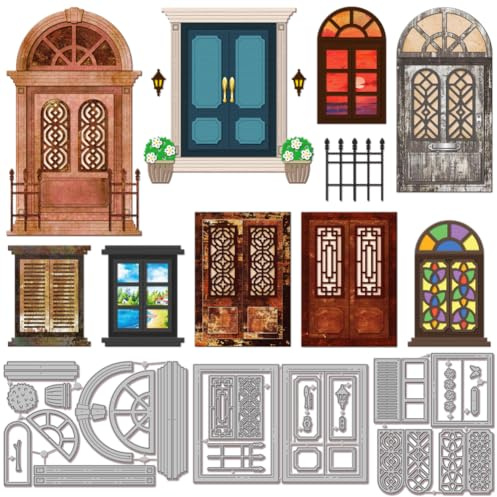 GLOBLELAND Retro Doors Windows Cutting Dies for Cards Making Metal | Metal Potted Plants Die Cuts Trees Flowers Lights Cutting Die Templates For Scrapbooking Crafts Paper