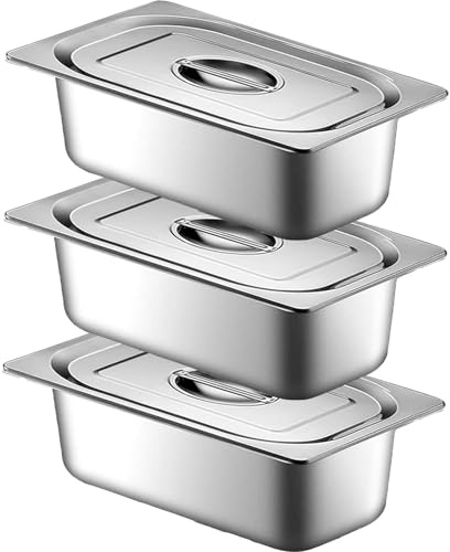 QYDMIN Plat Four Rectangulaire, 3x Bac Inox, Plat four Avec Couvercle- 3L-32.5 x 17.5 x 6.5cm, Robuste, Durable et Facile à Nettoyer, Pour escalopes, saladette, bain marie, viande, poisson