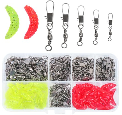 GOLDEROC125 Pezzi Girelle da Pesca con 40 Esche, Anelli Solidi in Acciaio Inox con Moschettone, 5 Taglie, Girelle da Pesca per Trota, Accessori Pesca per Acqua Dolce e Acqua Salata