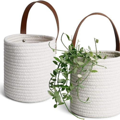 Joyhere 2 Stück Hängekorb Wandkörbe Zum Aufhängen, Hängende Aufbewahrungskörbe Mit PU-Leder Griff, Pflanzkorb Geflochten Wand Klein Wandorganizer Hängend Für Küche Bad Schlafzimmer Wohnzimmer(Weiß)