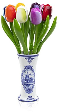 Ramo de tulipanes de madera en jarrón de porcelana, 9 tulipanes, 34 cm de alto, hecho a mano, regalo, decoración, boda, ramo Made in Holland