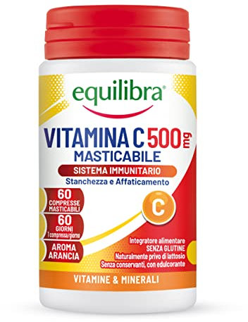 equilibra Integratori Alimentari, Vitamina C 500 mg, Integratore per la Normale Funzione del Sistema Immunitario, Riduce Stanchezza e Affaticamento, Aroma Arancia, 60 Compresse Masticabili