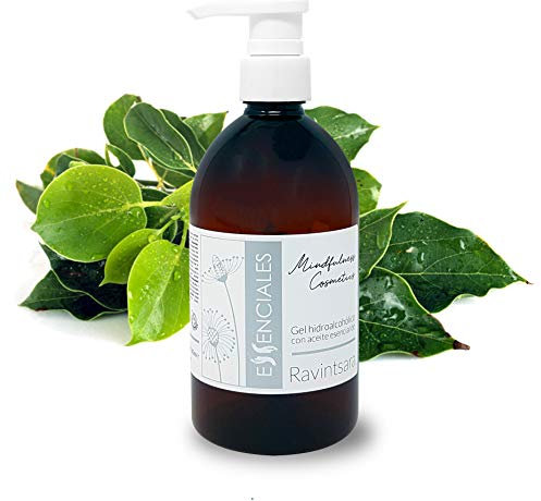 Essenciales - Gel idroalcolico disinfettante mani con oli essenziali puri al 100% (olio essenziale Ravintsara, 500 ml)