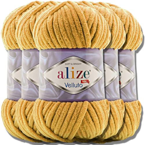 Hobby YARN Alize Velluto 5x 100g Türkische Strickwolle super Bulky Wolle zum Häkeln Uni Farbe Babywolle Flauschgarn Filzwolle Kuschelwolle (Mustard | 2)