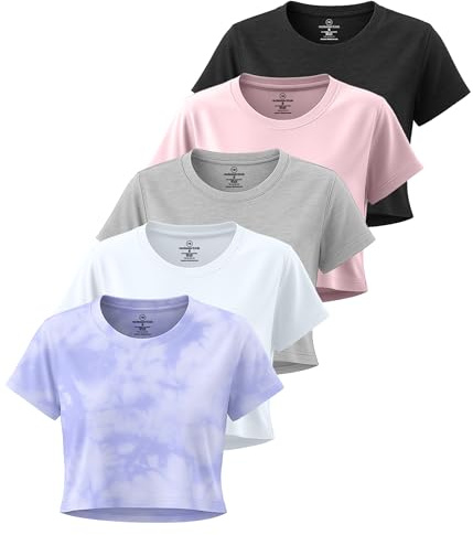 Real Essentials 5 Pack: Women's Dry-Fit Crop Top Short Sleeve Shirts Workout Gym Cropped Athletic Tee (Available in Plus) - Set 6, M