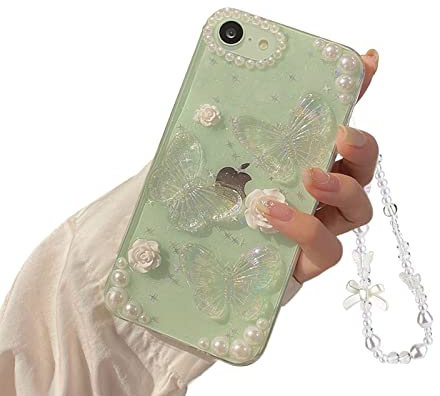 Fycyko Kompatibel med iPhone 7/8/SE 3D fjäril blommig klar med design estetiska kvinnor tonårstjejer glitter vacker kristall gnistrande glittrande söt flickaktigt telefonfodral skyddande fodral +