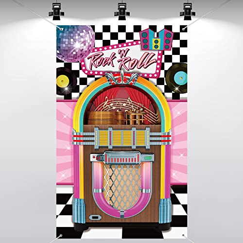 Nuenen Striscione di Sfondo a Tema Jukebox Banner per Festa di Sock Hop degli Anni '50 Copri Porta in Stoffa a Tema Rock 'n Roll Decorazioni per Compleanno Mistero Omicidio, 180 x 90 cm