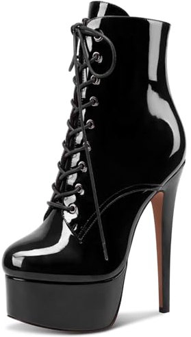 NobleOnly Damen Stiletto Hoher High Plateau Plattform Absatz Heel Runde Zehenkappe Schnüren Schnürung Reißverschluss Dress Klassisch Stiefeletten Schwarz Lackleder 38 EU