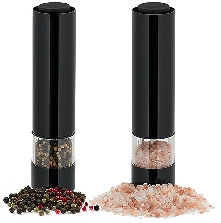 Relaxdays salt och pepparkvarn, uppsättning av 2, rostfritt stål, keramisk kvarn, elektriska kryddkvarnar, med LED-ljus, svart