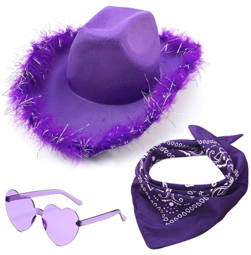 HYMBCFW Sombrero de Vaquero, 3PCS Sombrero de Vaquera con Bandana y Gafas de Corazones Disfraz Sombrero Cowboy Sombrero de Vaquero para Disfraz Vacaciones Fiesta Soltera Fiesta de Disfraces(Púrpura)