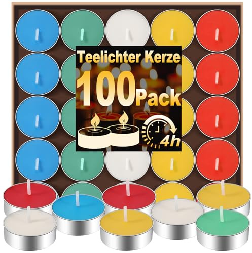 Lot de 100 bougies chauffe-plat, 4 heures de combustion, sans odeur, sans fumée pour mariage, maison, dîner romantique, anniversaire (5 couleurs)