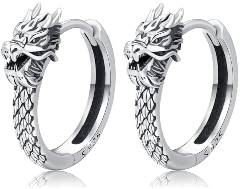 Orecchini a cerchio, in argento Sterling 925, con drago gotico, orecchini a cerchio da uomo, orecchini a cerchio, orecchini vichinghi, amuleto drago, idea regalo per uomo e donna