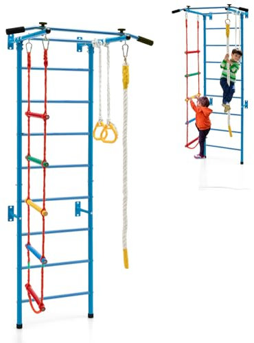 HOMASIS Klettergerüst Indoor, 5 in 1 Sprossenwand mit Klimmzustange, Turnringe, Strickleiter, Kletterseil, Metall Kletterwand Turnwand für Erwachsene & Kinder, Sportgeräte 100 kg belastbar (Blau)