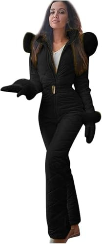 Tuta da sci da donna, impermeabile, isolata, calda, invernale, con collo in pelliccia, antivento, per sport all'aria aperta, abbigliamento termico per lo sci e lo snowboard, Nero , L