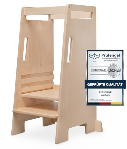 Ehrenkind® Lernturm ab 1 Jahr Montessori höhenverstellbar | bis zu 60 KG belastbar | Natur-Holz Lernstuhl Nachhaltig | Learning Tower Kinderhocker Kinderturm Transparent lackiert