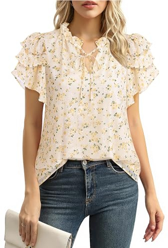Lotusmile Floral Tops for Women, Women's Tops Dressy Casual Elegant Ruffle Sleeve Double Layers Chiffon Blouse Bohemian Summer Blouses for Women 2025 Trendy