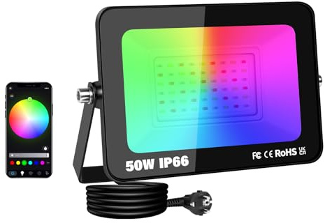 AUXTINGS 50 W RGB-projektor, utomhusprojektor, färgspot med Bluetooth-app och fjärrkontroll, IP66, vattentät Floodlight LED, färgskiftande LED-ljus för trädgårdar, uteplatser, jul