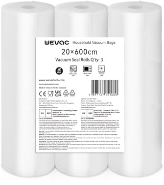Wevac Lite 3 rullar för vakuumförpackning, 20 x 600 cm, präglade påsar för plasttätare, matberedning och matlagning sous vide, BPA-fri