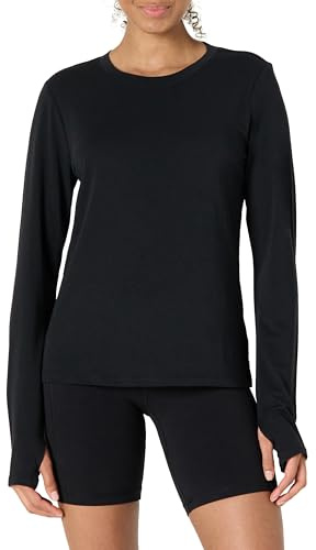 Amazon Essentials Women's Active Soft Cotton Regular Fit Crewneck Long Sleeve Lightweight Yoga Workout T-Shirt, Black, L