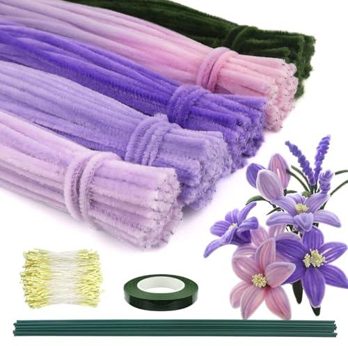TOAOB 300 Piezas Limpiapipas Manualidades 5 Colores Silbatos Lila Juego de Limpiadores de Pipa de Flores con Alambre Floral Polvo de Flores y Cinta Floral Tallo para Bricolaje Decoración