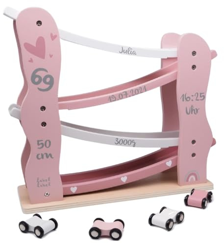 Personalizable Pista de Coches de Madera Rosa – con Coches & fomenta la motricidad Fina – para niños a Partir de 18 Meses – con Nombre y Datos de Nacimiento – Label Label