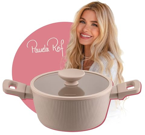 FACKELMANN x Pamela Reif Kochtopf mit Glasdeckel – 20 cm, Aus recyceltem Aluminium in Pastell Beige, keramische Beschichtung, hitzebeständig bis Plus 150 °C – Reinigung per Hand