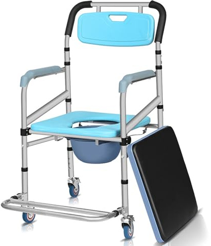 Shower Chair with Wheels 4 in 1 Folding Padded Bedside Commode Wheelchair Height Adjustable Detachable Bucket with Wheels Lifting Armrests Flip-up Footrest for Elderly Disabled (Blue)
