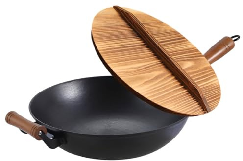 AIZYR Sartén Wok De Hierro Fundido, Sartén para Saltear Sartén Honda con Tapa Wok Chino para Saltear, Sofreír Y Preparar Sopas Wok De Cocina para Gas,34cm