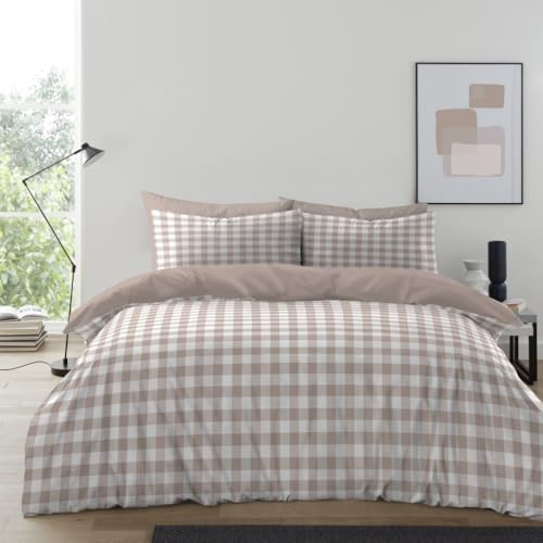 Gingham Moor Check Microfibre Duvet Cover Set – Reversible Checked Quilt Cover with Matching Pillowcases – Soft, Lightweight Bedding Set – Easy-Care & Durable (Natural, Single)