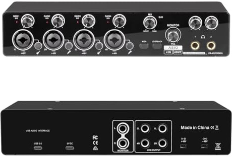 Gundhgstrr Interfaz de Audio Profesional USB de 4 Canales para Estudio y Grabación en, Tarjeta de Sonido, Preamplificador de Micrófono, Compatible con ASIO.