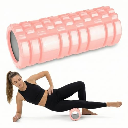 Lockie Fitness Foam Roller, 33x14cm Deep Tissue Roller Yoga/Pilates, Pink | Medium-density EVA, hollow core and 3 massage zones target trigger points, fascia, knots, soreness, warm-ups and recovery use