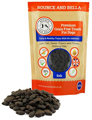 Bounce and Bella Getreidefreie Leckereien für das Hundetraining 1000 Leckerli Packung, 80% dampfgegarter Fisch, 20% Kartoffeln und Süßkartoffeln, 1 Packung (500 g)