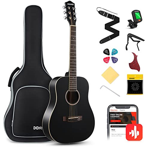 Donner Gitarre Akustik 3/4 für Anfänger Einsteiger Akustikgitarre Set Gitarren Erwachsene 36 Zoll Dreadnought mit 6 Tasche Capo Plektren Gurt(Schwarz)