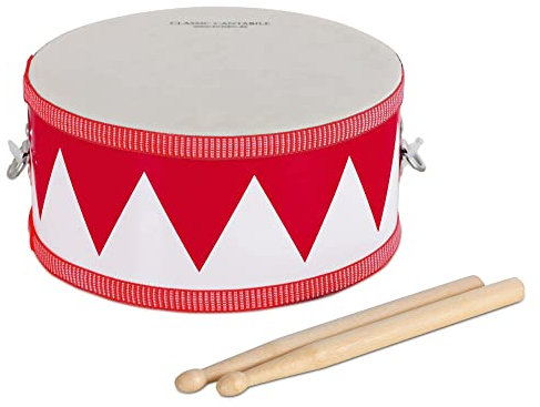 Classic Cantabile Kindertrommel aus Holz - Musikinstrument zum Trommeln und Umhängen - Trommel für Kinder Inklusive Trommelstöcke - Ideal für Kinder ab 3 Jahre - Weiß-Rot