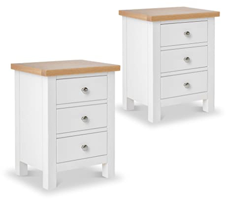 Farro White Bedside Tables Set of 2 Cabinet Units with Oak Tops | Roseland Furniture Pair of Solid Wood Painted Side End Night Stands with 3 Drawer Storage for Bedroom or Bathroom | Fully Assembled