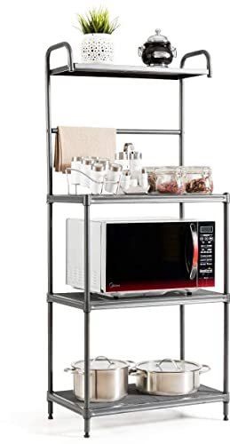 COSTWAY Küchenregal 4-stufig, Mikrowellenregal mit verstellbaren Regalböden, Mikrowellenständer Metall, Standregal Küche, Regal für Mikrowelle, freistehendes Haushaltsregal, 59 x 34 x 136 cm (Grau)