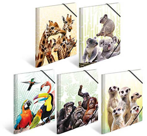HERMA Sammelmappen A3 Tiermotive Set, 10 Stück, Kinder Eckspanner-Mappen aus Kunststoff mit Tier Motiv, Gummizug, Innenklappen und Innendruck für Jungen und Mädchen