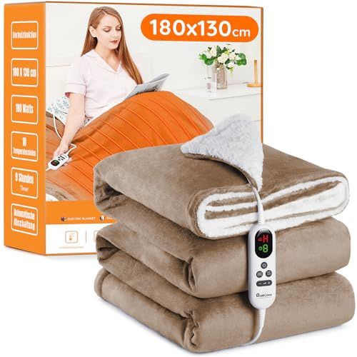 Värmefilt 130 x 180 cm 10 värmeinställningar 1–9 timmar automatisk avstängningstimer överhettningsskydd, säng snabb flanell tvättbar röd, khaki