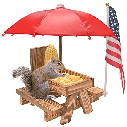 Squirrel Feeder Picnic Table with Umbrella, Wooden Squirrel Table Feeder Outside Funny with Corn Cob Holder for Yard and Porch Decoration, Easy to Fill Peanuts in Shell and Nuts