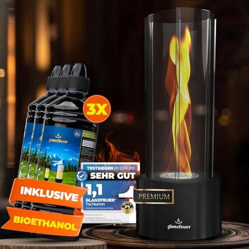Glanzfeuer Bioethanol Tischkamin Outdoor & Indoor inkl. Bioethanol - Extra Lange Brenndauer mit Wirbelflamme - Tischfeuer Deko - Tisch Kamin Feuer Feuersäule - Garten & Deko Geschenk