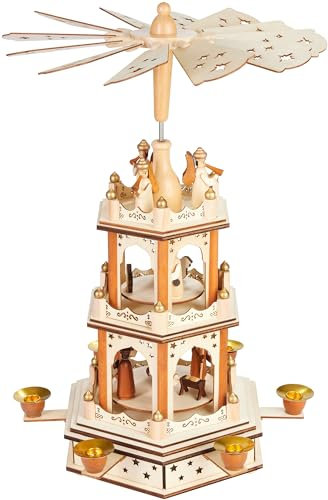 BRUBAKER Christmas Pyramid - 3-Tier Rotating Wooden Pyramid - Christmas Decoration with 3 Levels and Stars Wings Made of Wood - 45 cm Height - Hand-Painted Christmas Figures - Natural Brown