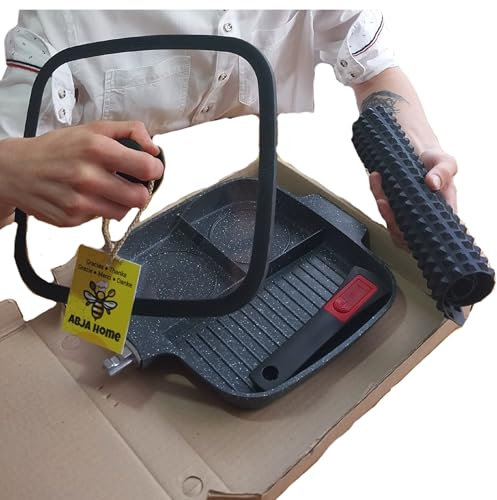 ABJA HOME, Non-Stick Grill Pan with Removable Handle, Removable Handle, for Breakfast, Eggs, Pancakes, Burgers, Square Frying Pan with 3 Sections, Aluminium Alloy (Black)