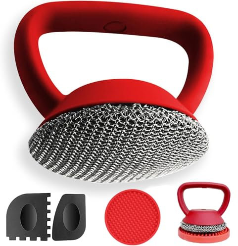 Xummi Cast Iron Cleaner, Cast Iron Pan Cleaner+2 Pan Grill Scraper + 1 Mat, 316 Steel, Chain Mesh Scrubber with Handle for Cast Iron Pans and Frying Pans Dishwasher Safe (Red)