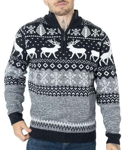 NOROZE Christmas Men's Jumpers | Nordic Style Knitted Lightweight Reindeer Printed Jumper | Quarter Zip Crew Neck Long Sleeve Pullover Top | Christmas Jumper Xmas Jumper Sweaters for Men Navy