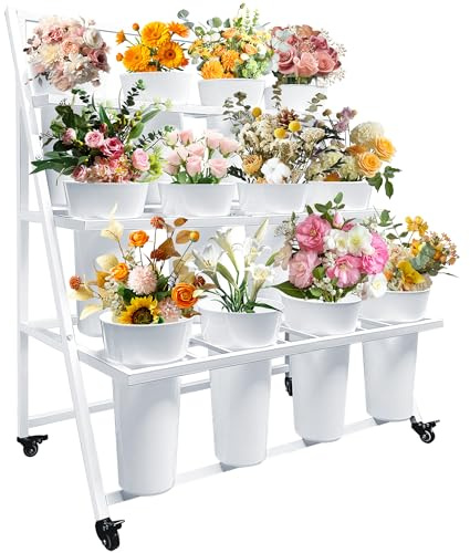 PROLEE Flower Stand with 12 Buckets, Flower Display Stand with Wheels, Flower Cart, Moving Florist Bouquet Shelf, Triangular (White)